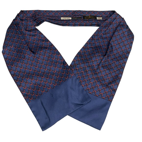 Vintage Hermès navy and red silk ascot with a 'Horse Shoe' print